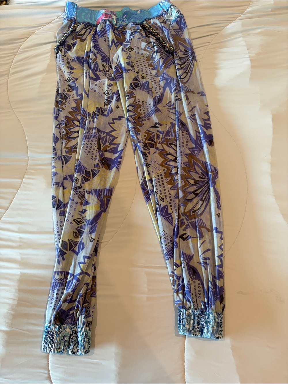 Floral Geometric Sheer Jogger Pants in Purple and Light Gray